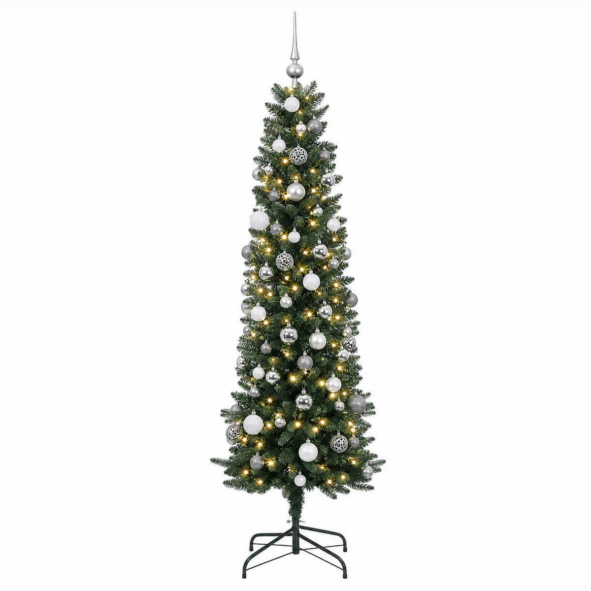 Dirbtinė siaura kalėdinė eglutė su žaisliukais 240 cm 300 LED