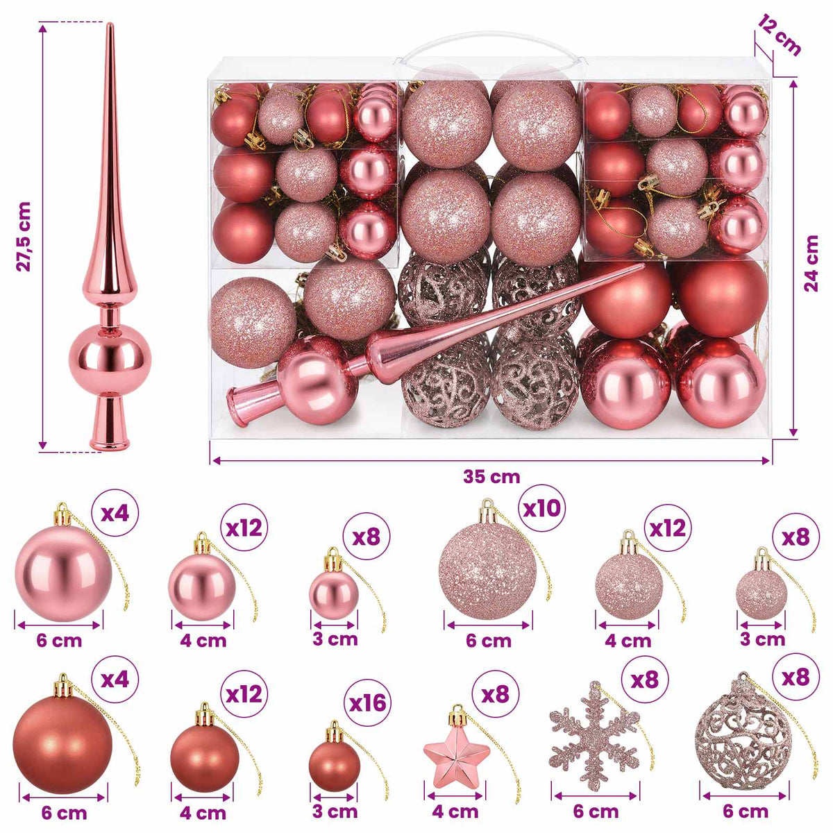 Kalėdų kamuoliukų rinkinys 111 vnt. Rožinė 6 cm Polystirenas