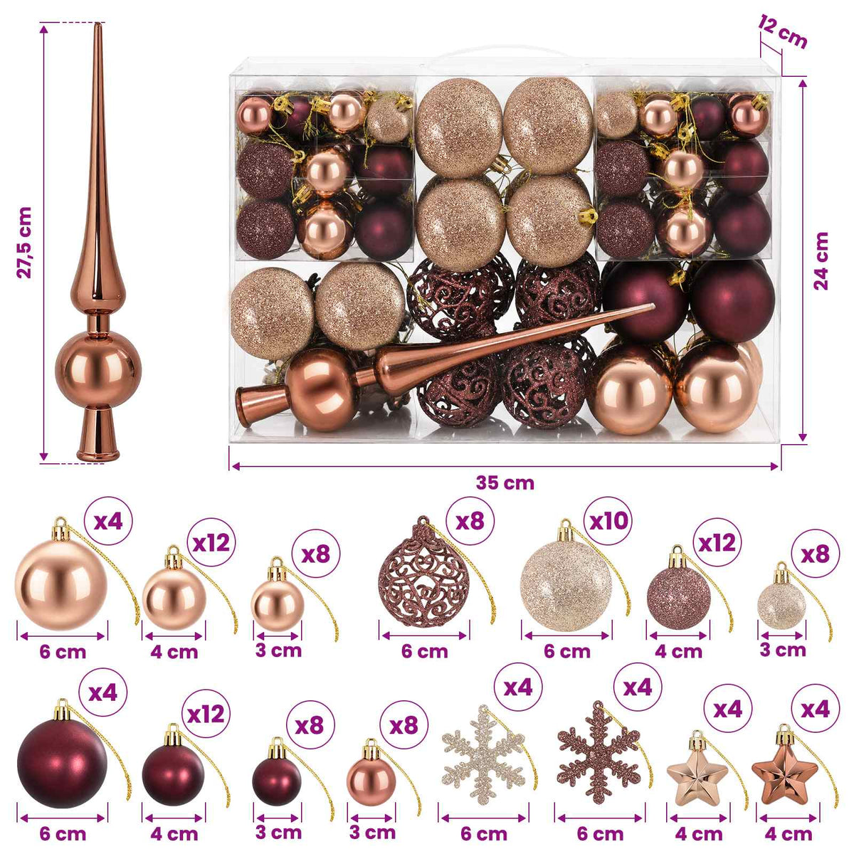 Kalėdų kamuoliukų rinkinys 111 vnt. Šampaninė ir ruda 6 cm
