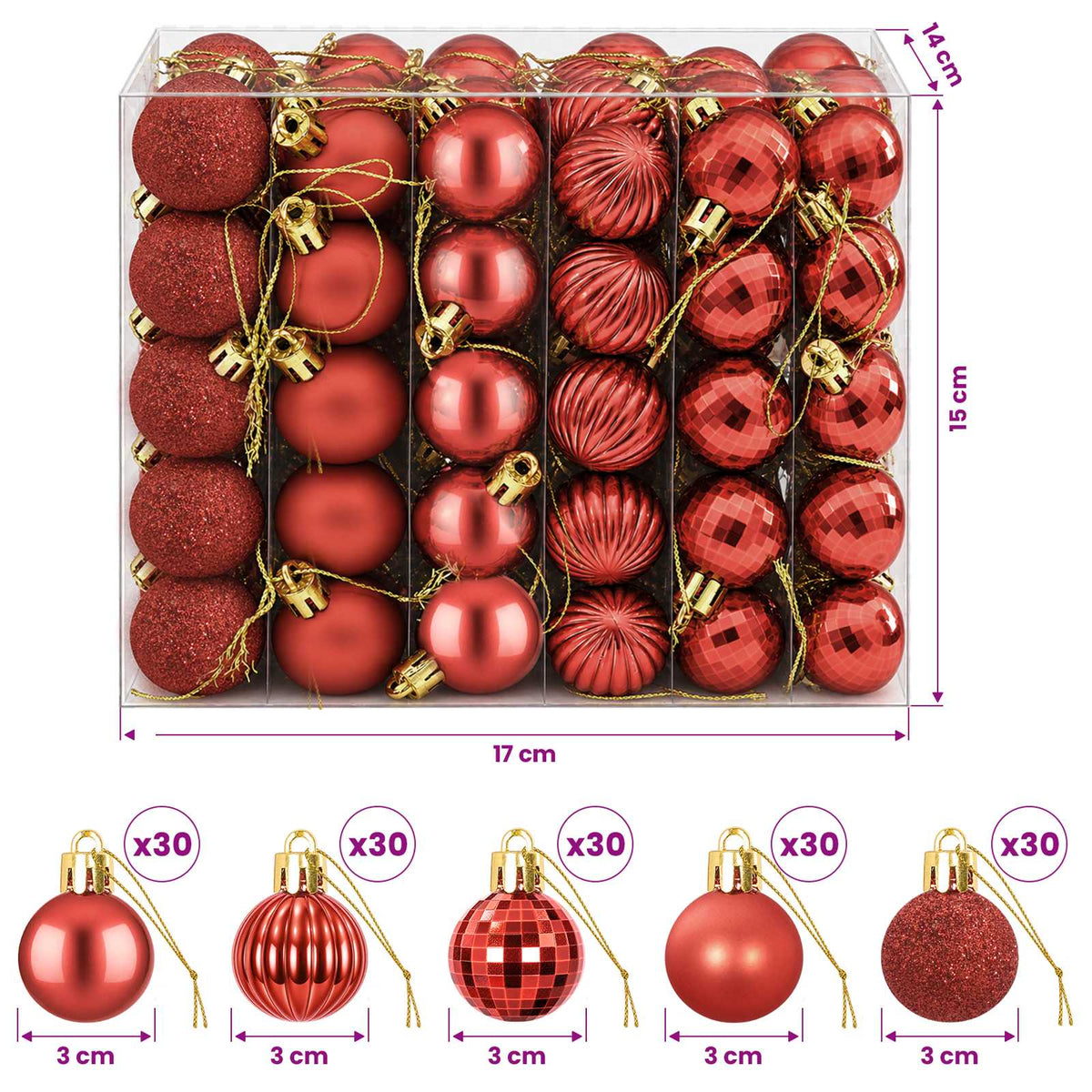 Kalėdų kamuoliukų rinkinys 150 vnt. Raudona 3 cm Polystirenas