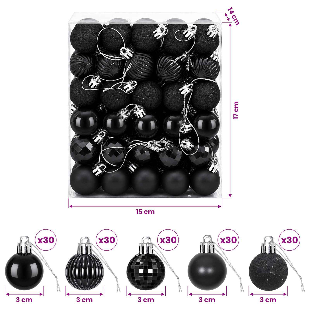 Kalėdų kamuoliukų rinkinys 150 vnt. Juoda 3 cm Polystirenas