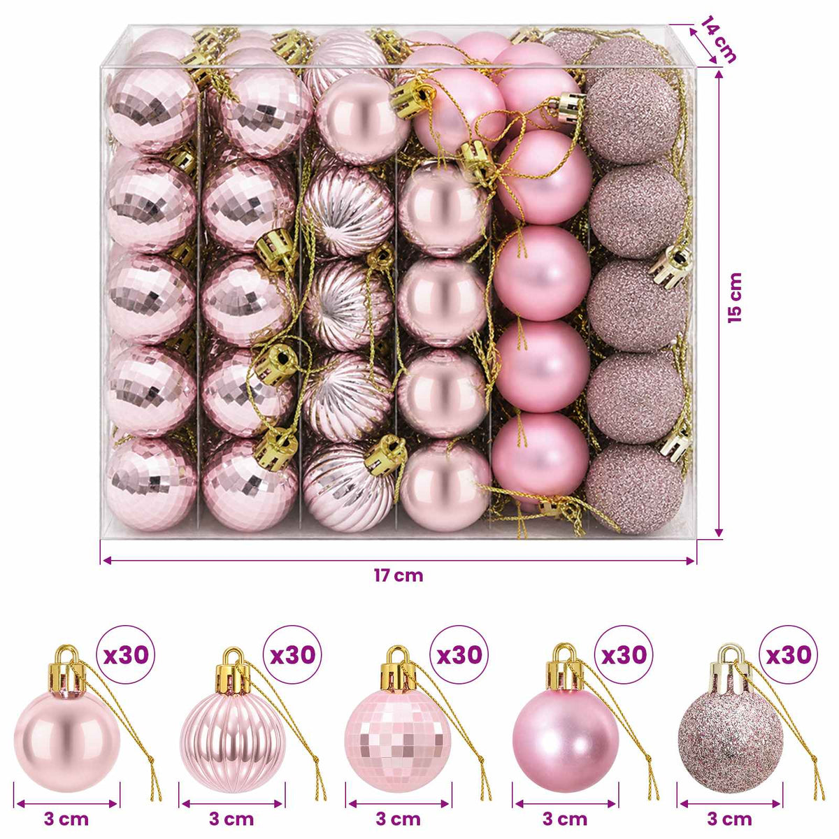 Kalėdų kamuoliukų rinkinys 150 vnt. Rožinė 3 cm Polystirenas