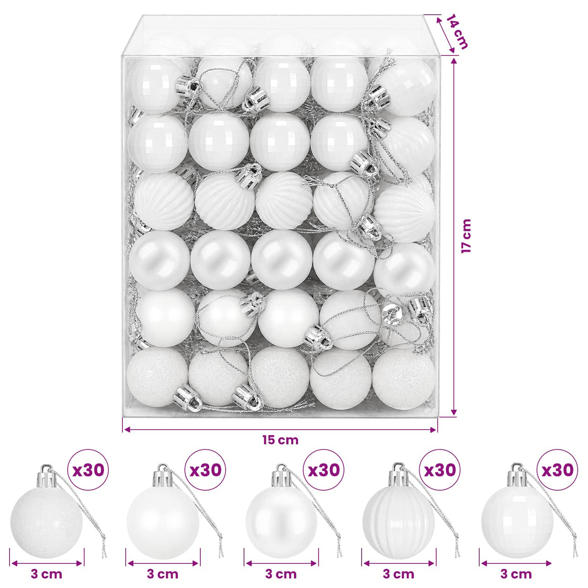 Kalėdų kamuoliukų rinkinys 150 vnt. Balta 3 cm Polystirenas