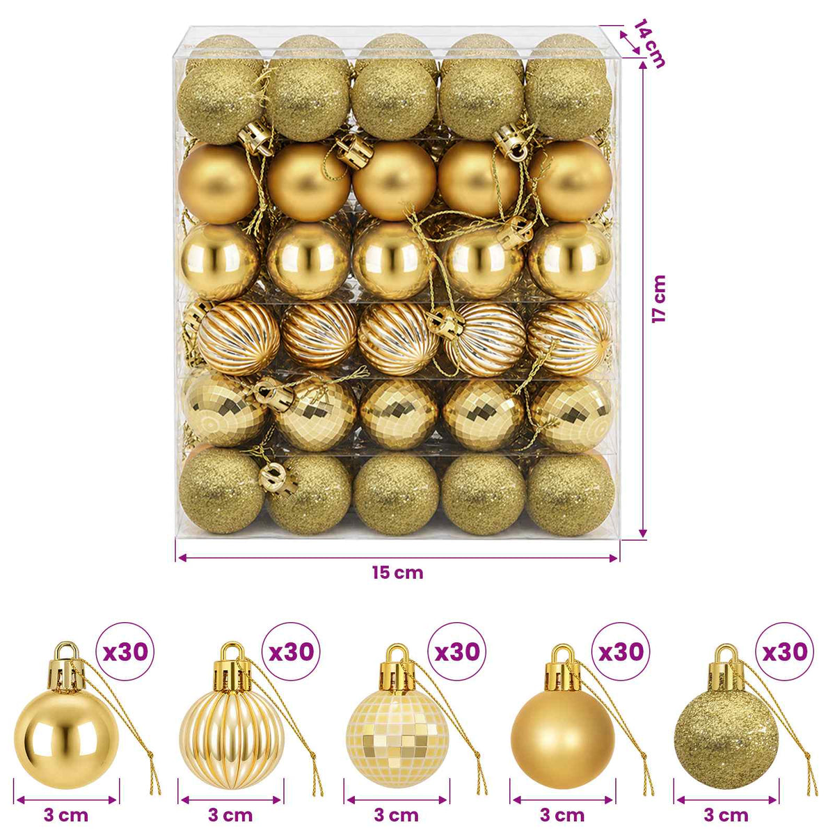 Kalėdų kamuoliukų rinkinys 150 vnt. Auksinė 3 cm Polystirenas