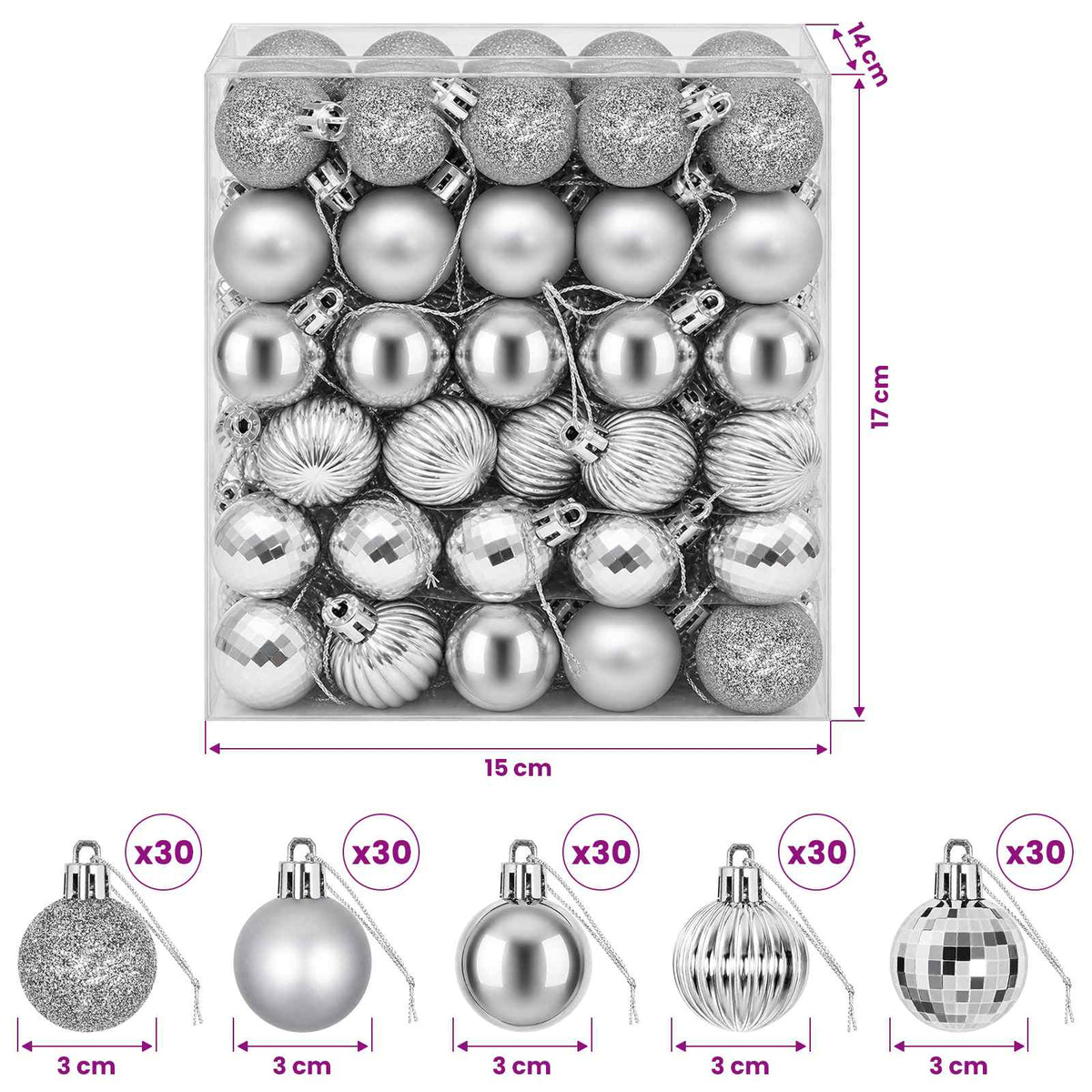 Kalėdų kamuoliukų rinkinys 150 vnt. Sidabrinė 3 cm Polystirenas