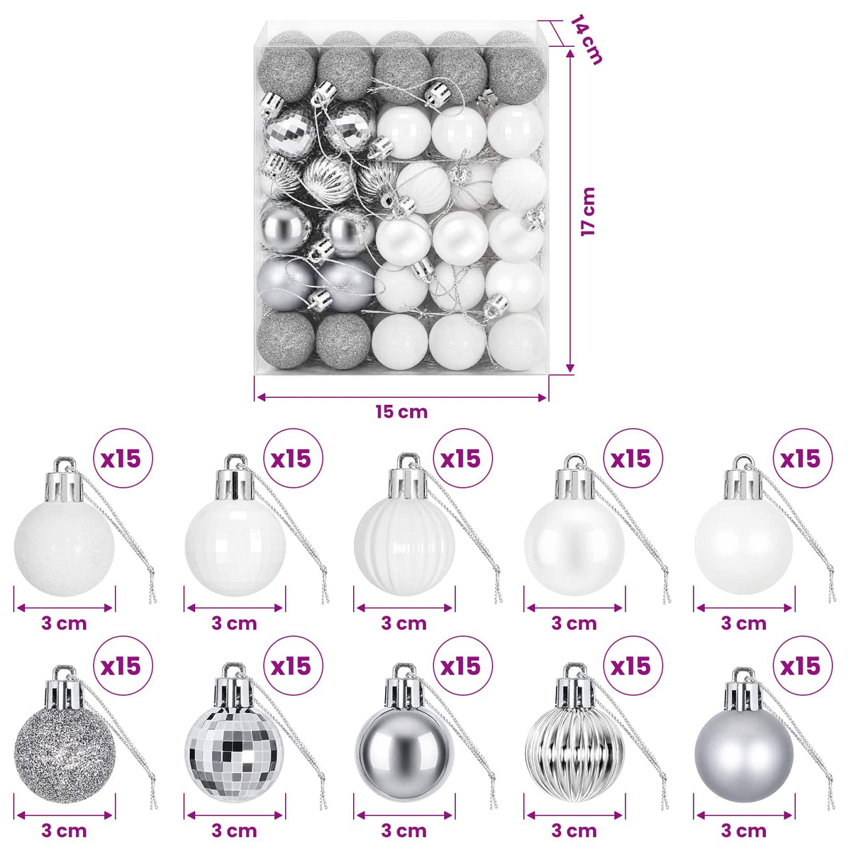 Kalėdų kamuoliukų rinkinys 150 vnt. Balta ir pilka 3 cm
