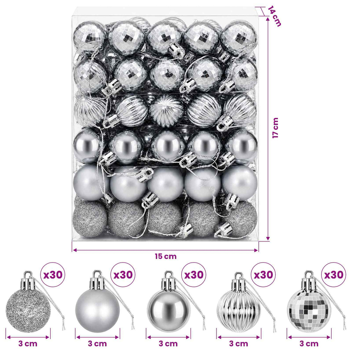 Kalėdų kamuoliukų rinkinys 150 vnt. Pilka 3 cm Polystirenas