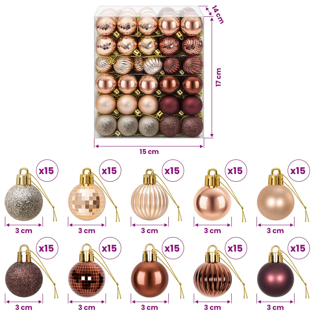 Kalėdų kamuoliukų rinkinys 150 vnt. Šampaninė ir ruda 3 cm