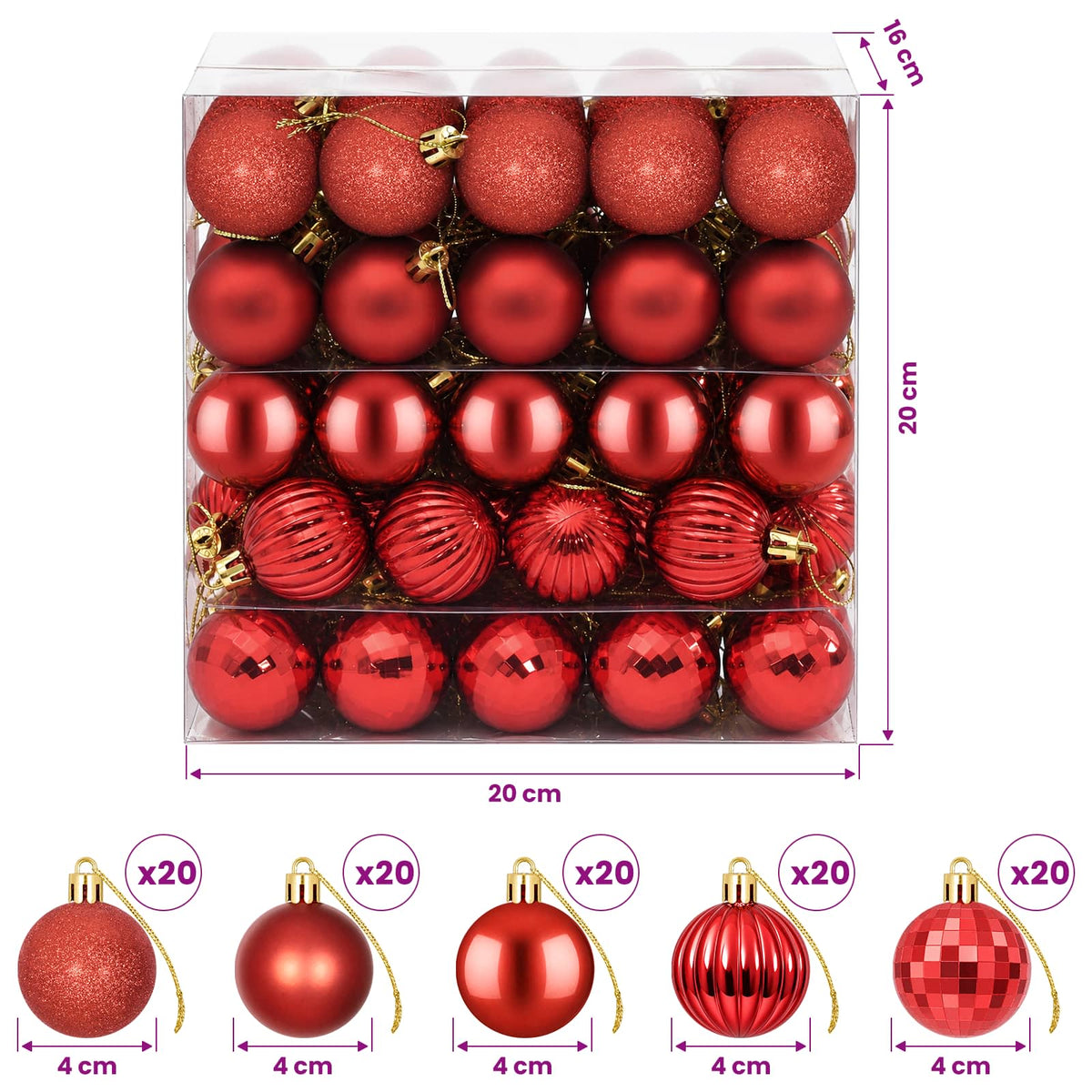 Kalėdų kamuoliukų rinkinys 100 vnt. Raudona 4 cm Polystirenas