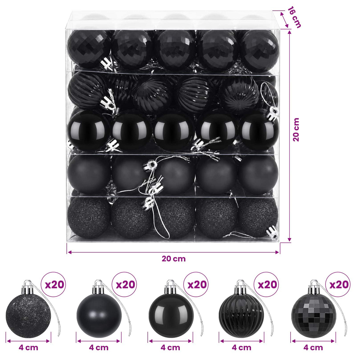Kalėdų kamuoliukų rinkinys 100 vnt. Juoda 4 cm Polystirenas
