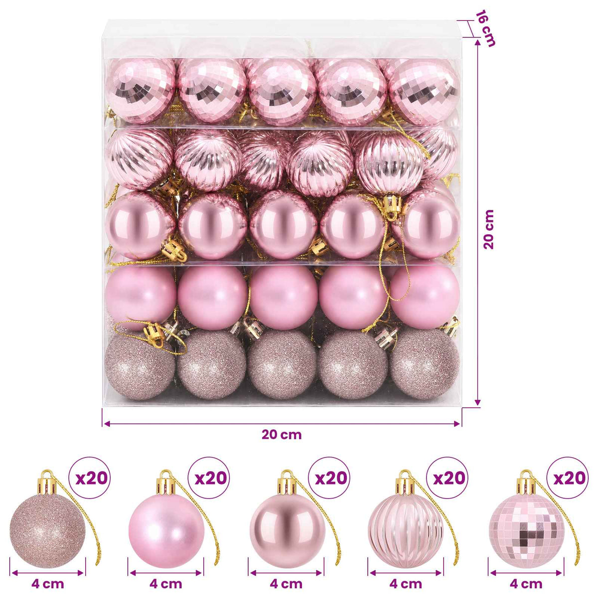 Kalėdų kamuoliukų rinkinys 100 vnt. Rožinė 4 cm Polystirenas