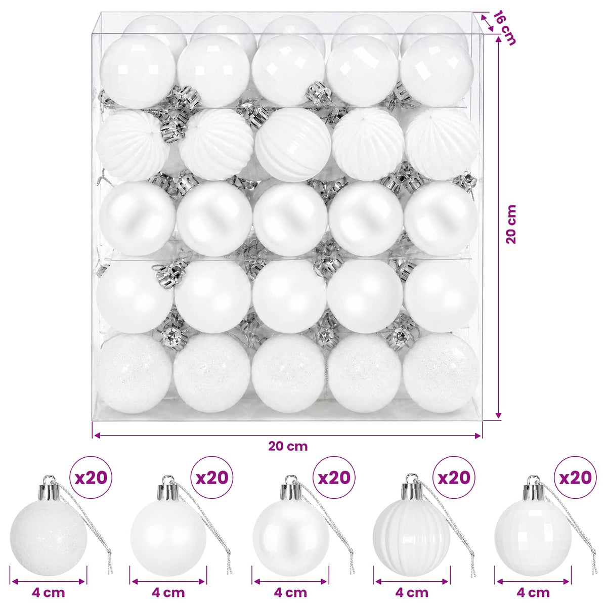 Kalėdų kamuoliukų rinkinys 100 vnt. Balta 4 cm Polystirenas