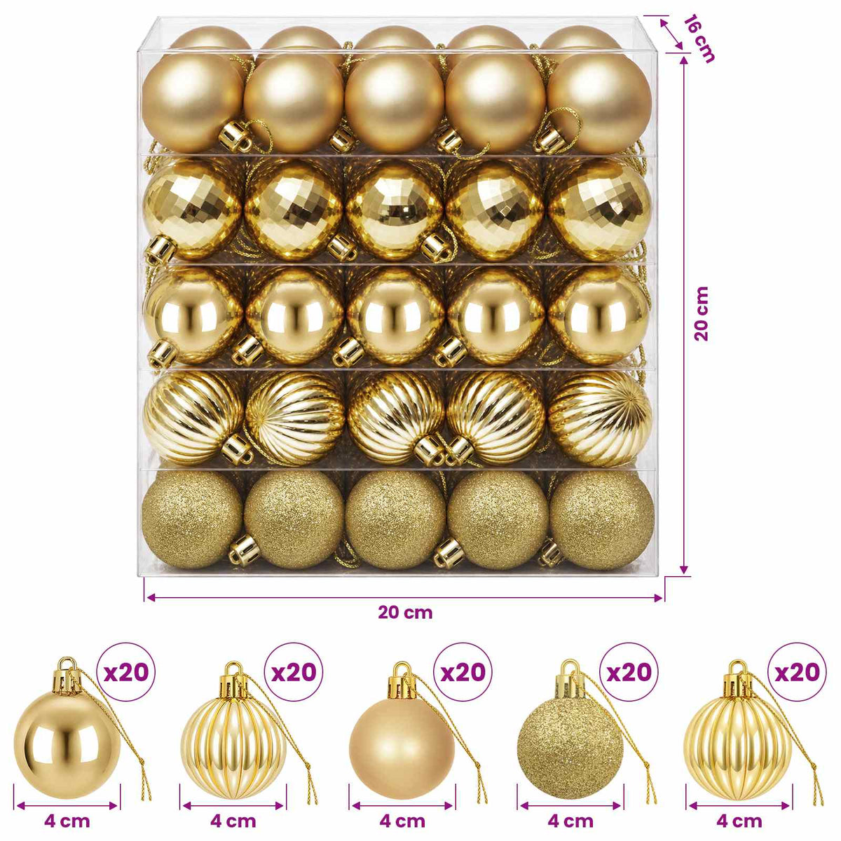 Kalėdų kamuoliukų rinkinys 100 vnt. Auksinė 4 cm Polystirenas