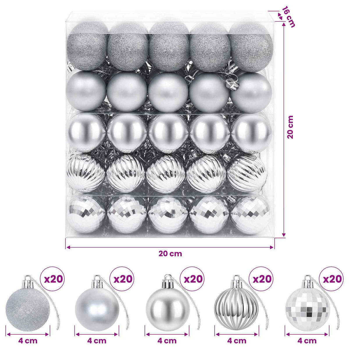 Kalėdų kamuoliukų rinkinys 100 vnt. Sidabrinė 4 cm Polystirenas