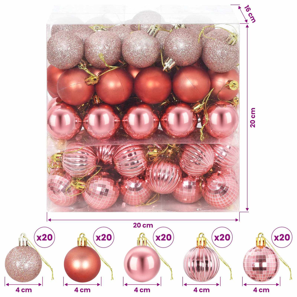Kalėdų kamuoliukų rinkinys 100 vnt. Rožinė ir rausva 4 cm