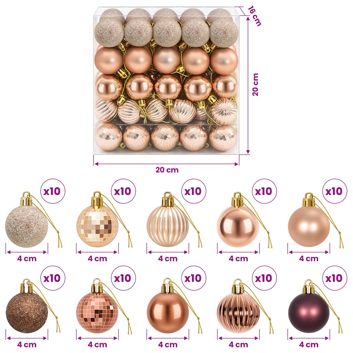 Kalėdų kamuoliukų rinkinys 100 vnt. Šampaninė ir ruda 4 cm