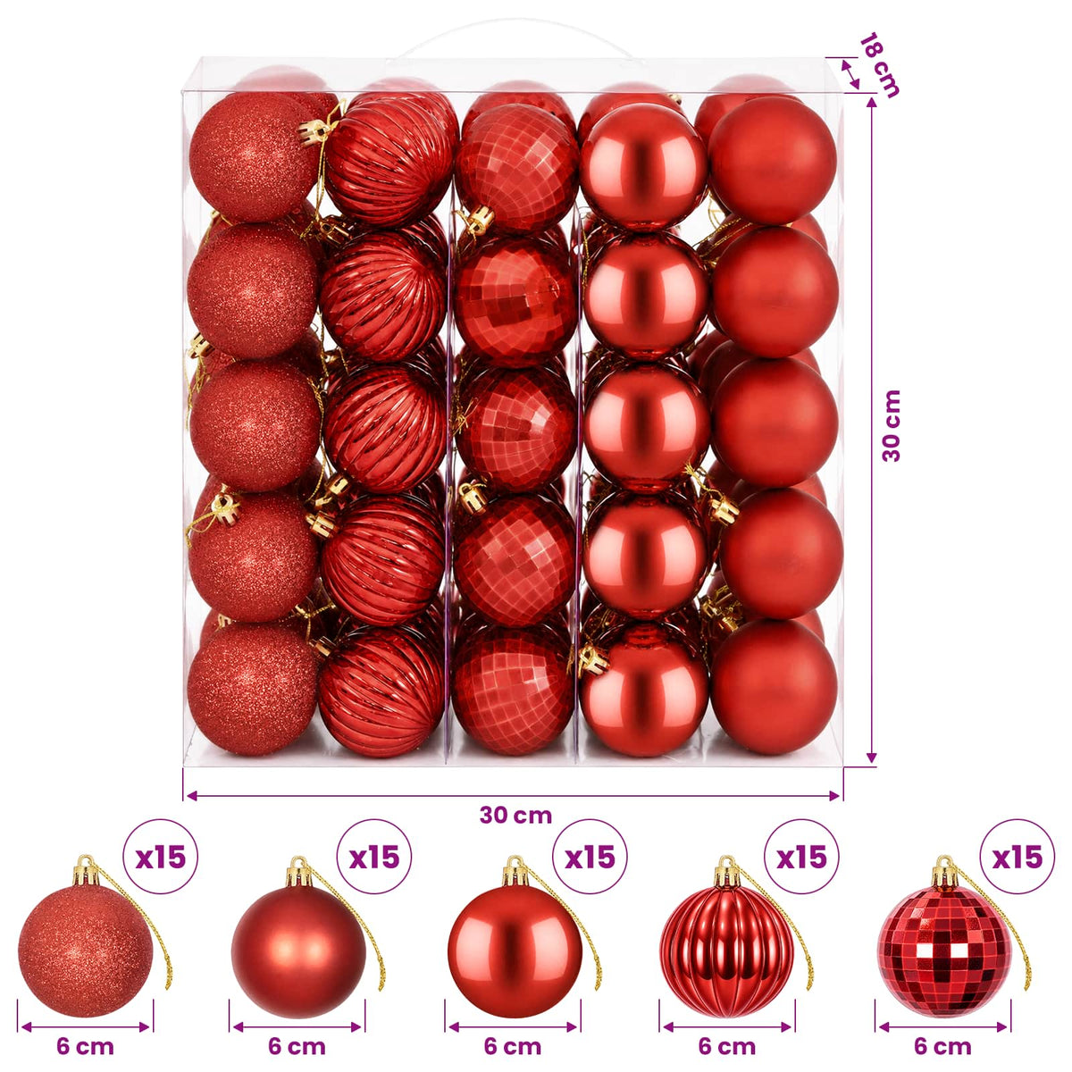 Kalėdų kamuoliukų rinkinys 75 vnt. Raudona 6 cm Polystirenas
