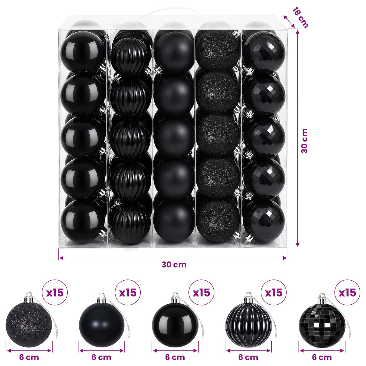 Kalėdų kamuoliukų rinkinys 75 vnt. Juoda 6 cm Polystirenas