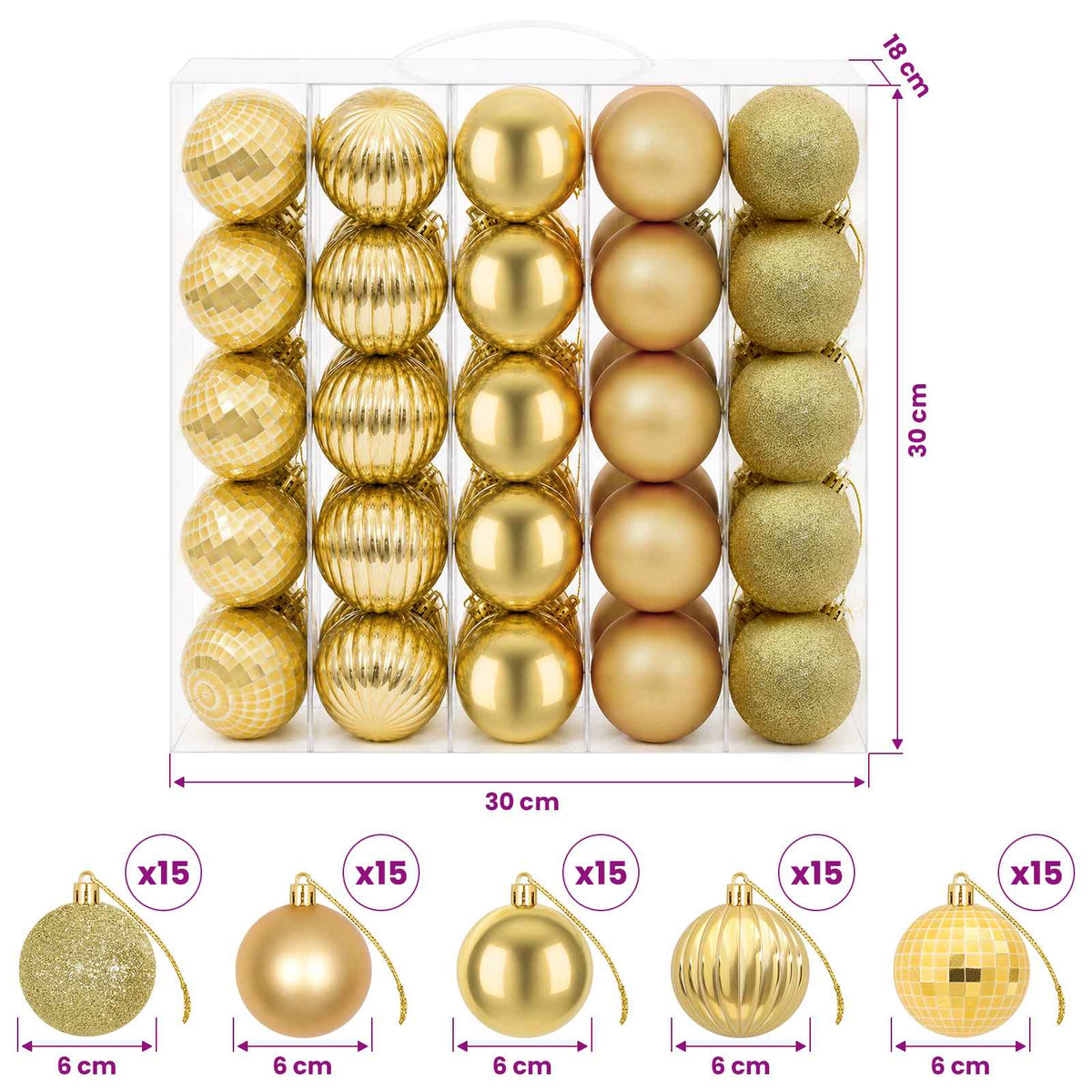 Kalėdų kamuoliukų rinkinys 75 vnt. Auksinė 6 cm Polystirenas