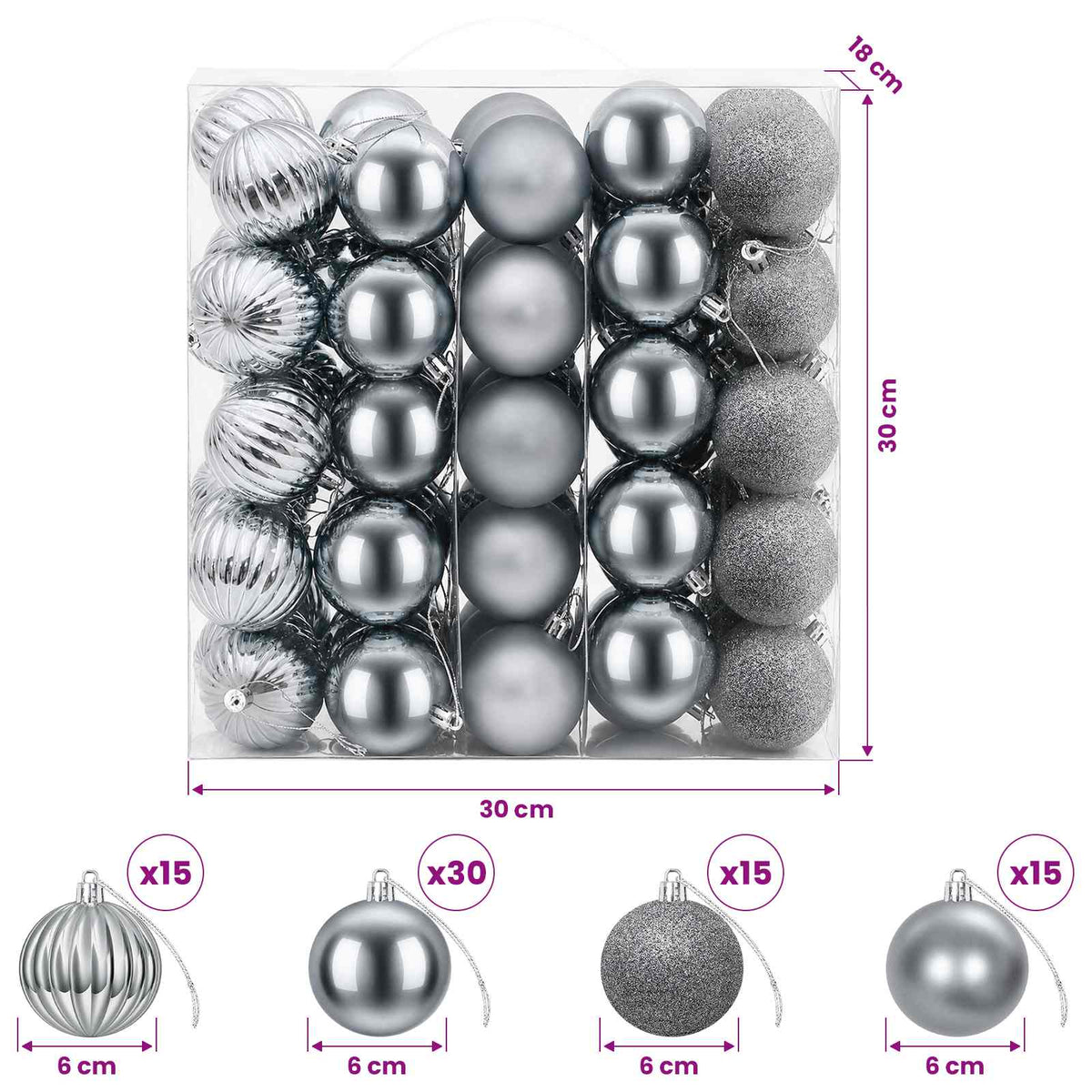 Kalėdų kamuoliukų rinkinys 75 vnt. Pilka 6 cm Polystirenas