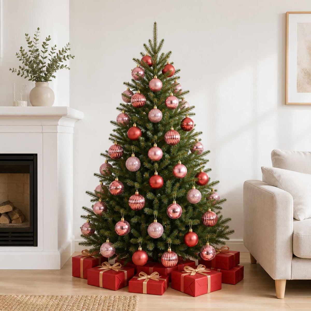 Kalėdų kamuoliukų rinkinys 75 vnt. Rožinė ir rausva 6 cm