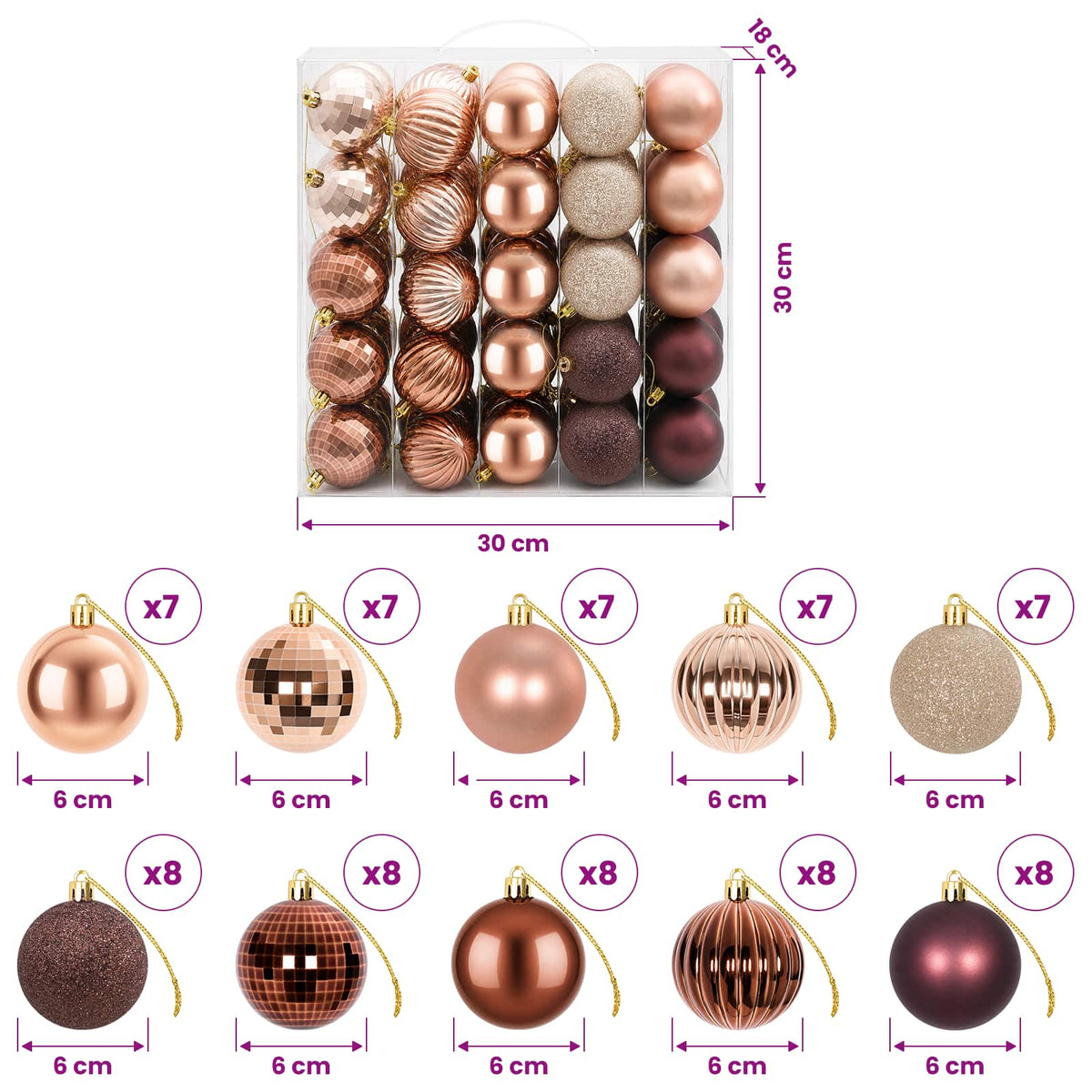 Kalėdų kamuoliukų rinkinys 75 vnt. Šampaninė ir ruda 6 cm