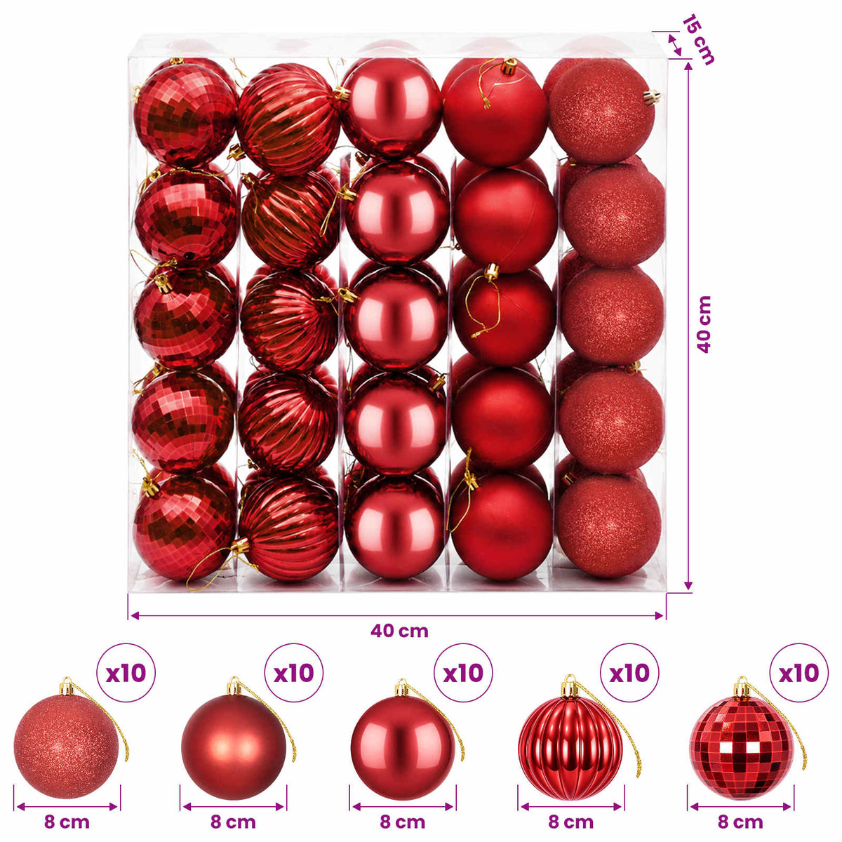 Kalėdų kamuoliukų rinkinys 50 vnt. Raudona 8 cm Polystirenas