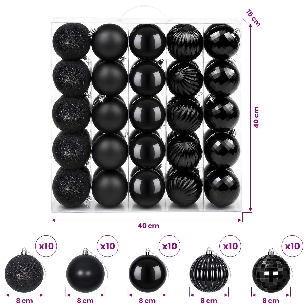 Kalėdų kamuoliukų rinkinys 50 vnt. Juoda 8 cm Polystirenas