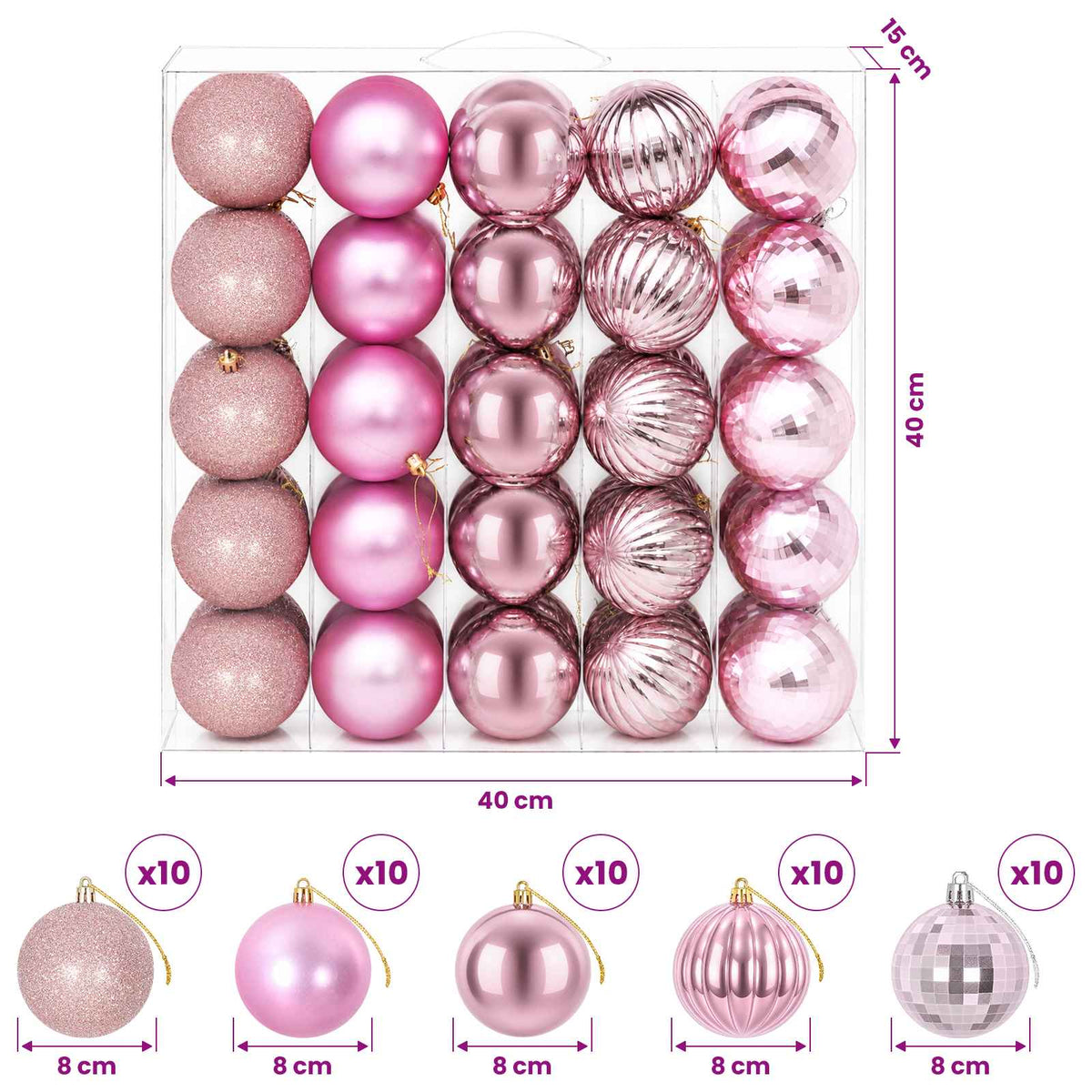 Kalėdų kamuoliukų rinkinys 50 vnt. Rožinė 8 cm Polystirenas
