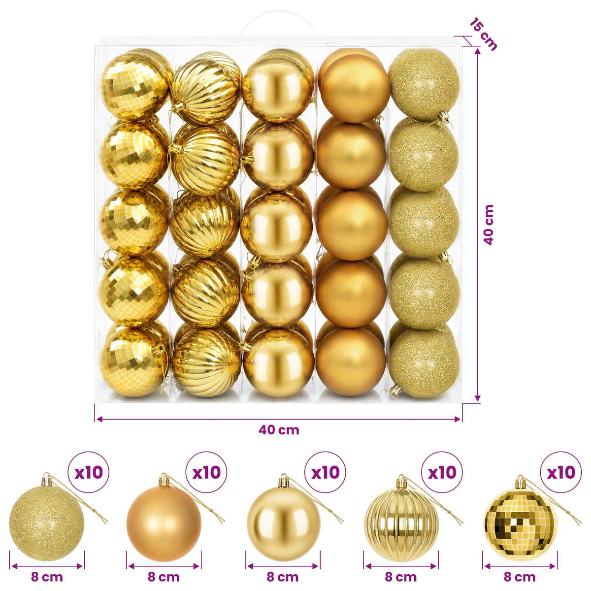 Kalėdų kamuoliukų rinkinys 50 vnt. Auksinė 8 cm Polystirenas