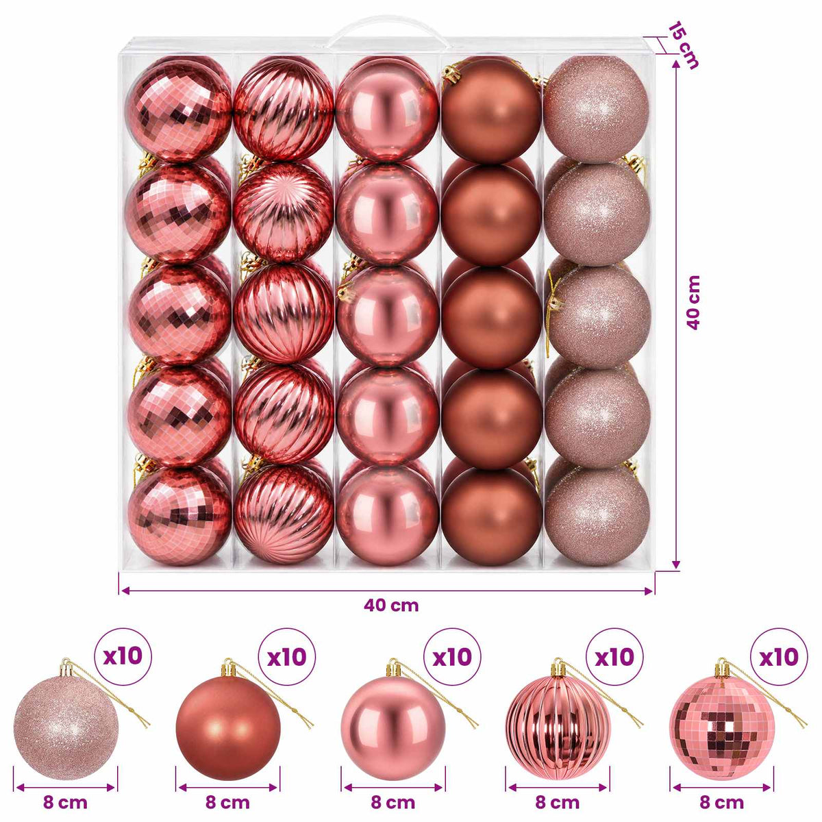 Kalėdų kamuoliukų rinkinys 50 vnt. Rožinė ir rausva 8 cm