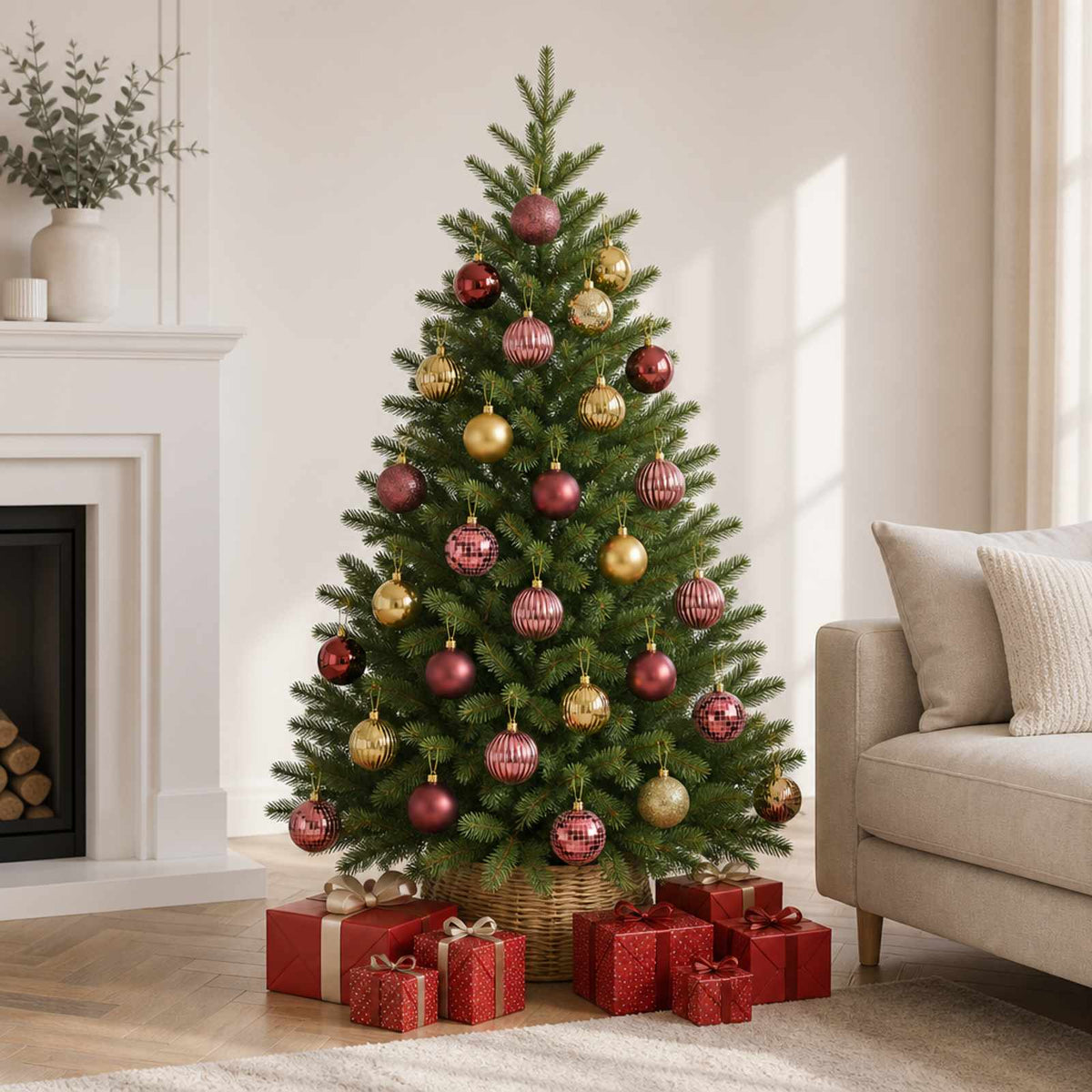 Kalėdų kamuoliukų rinkinys 50 vnt. Auksinė ir vyno raudona 8 cm