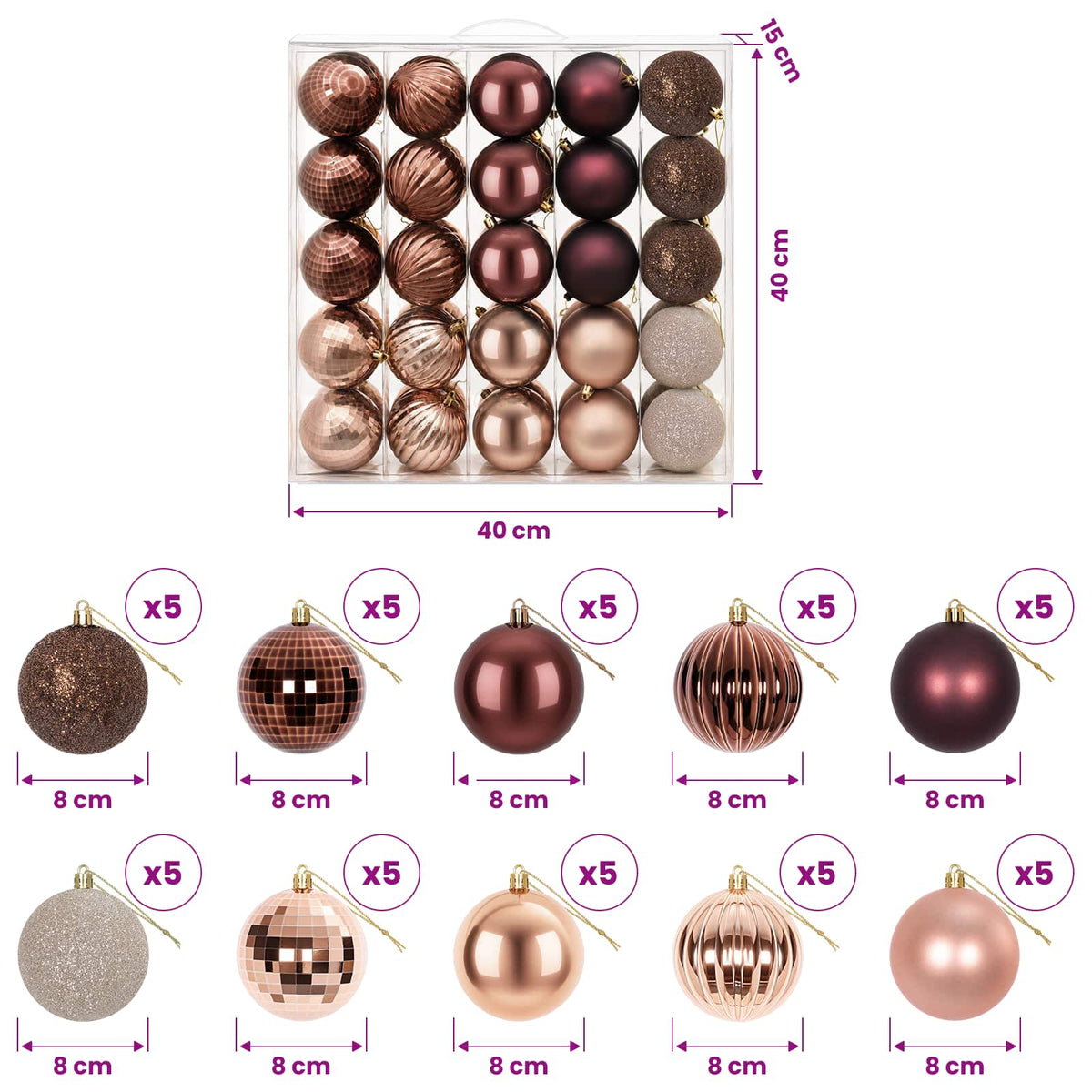 Kalėdų kamuoliukų rinkinys 50 vnt. Šampaninė ir ruda 8 cm