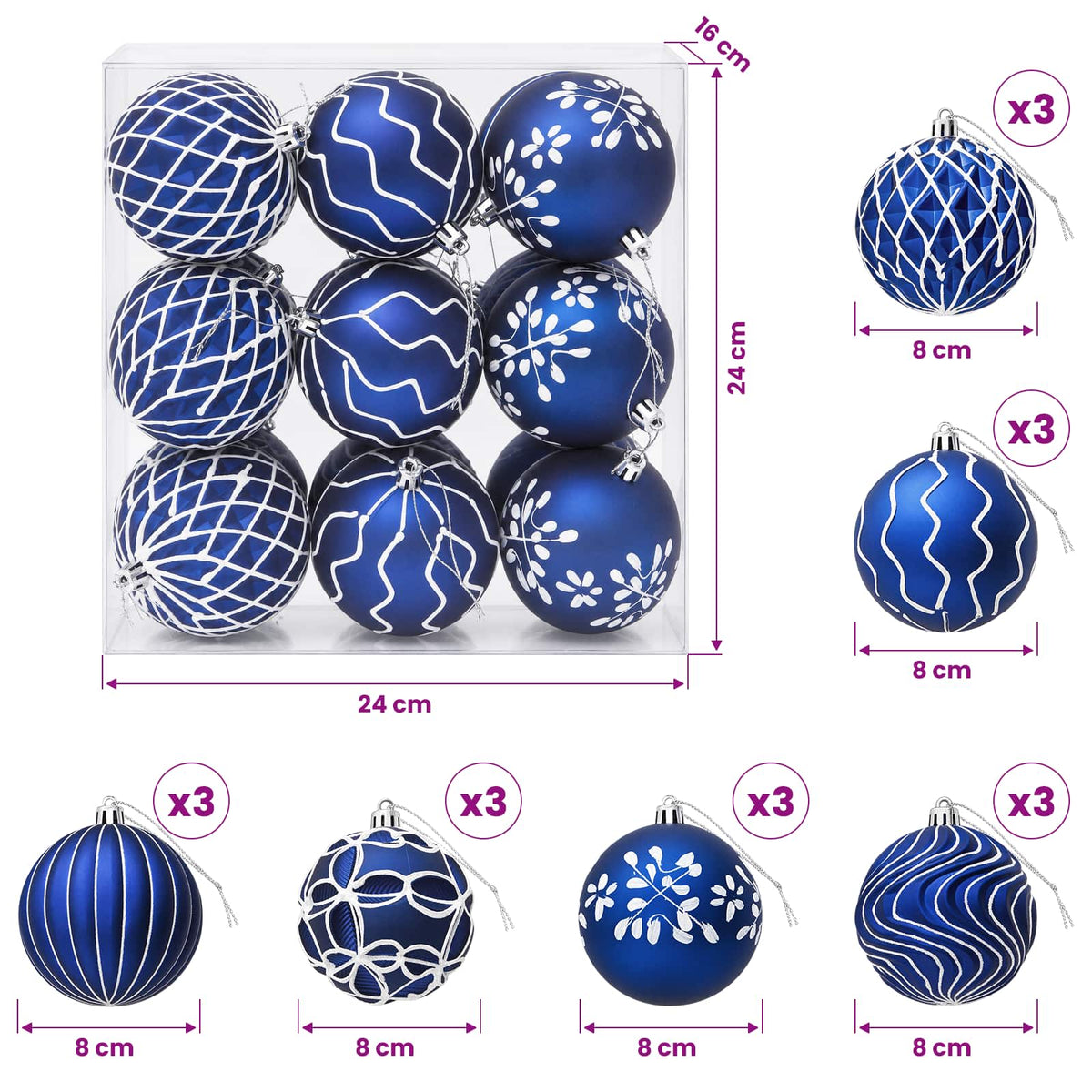 Kalėdinių kamuoliukų rinkinys XL 18 vnt. Mėlyna ir balta 8 cm