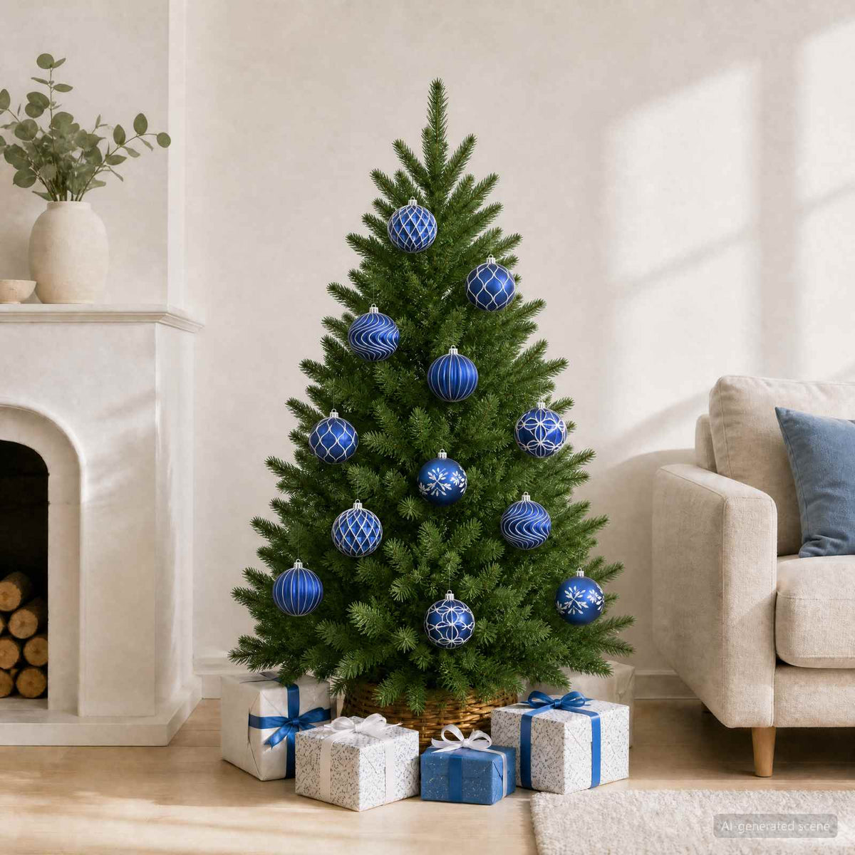 Kalėdinių kamuoliukų rinkinys XL 12 vnt. Mėlyna ir balta 10 cm