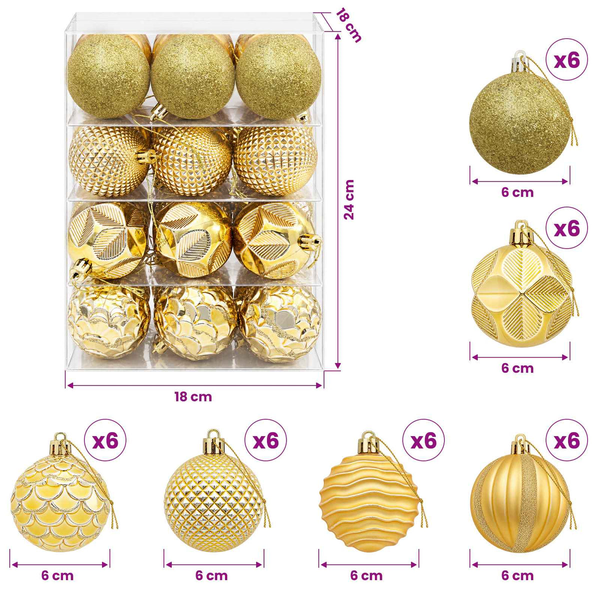 Kalėdų kamuoliukų rinkinys 36 vnt. Auksinė 6 cm Polystirenas