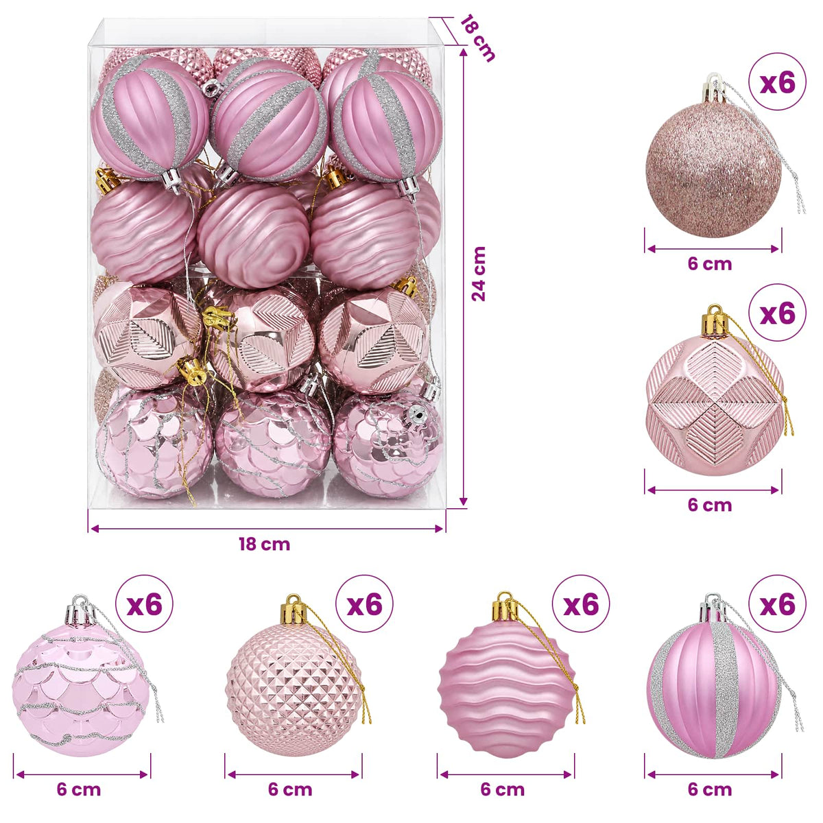 Kalėdų kamuoliukų rinkinys 36 vnt. Rožinė 6 cm Polystirenas