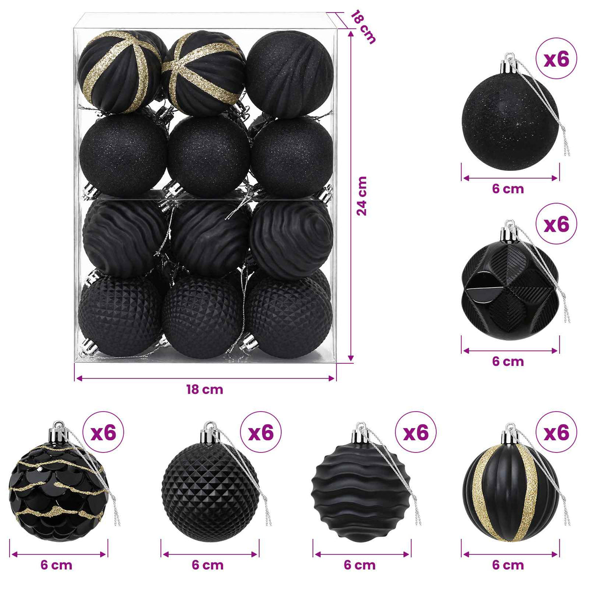 Kalėdų kamuoliukų rinkinys 36 vnt. Juoda 6 cm Polystirenas