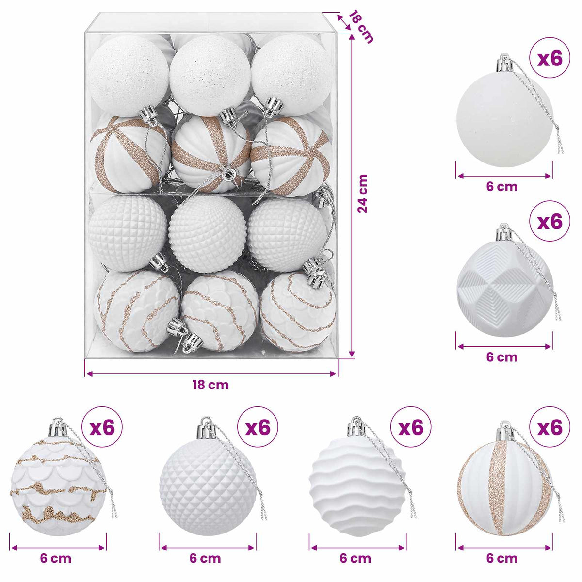Kalėdų kamuoliukų rinkinys 36 vnt. Balta 6 cm Polystirenas
