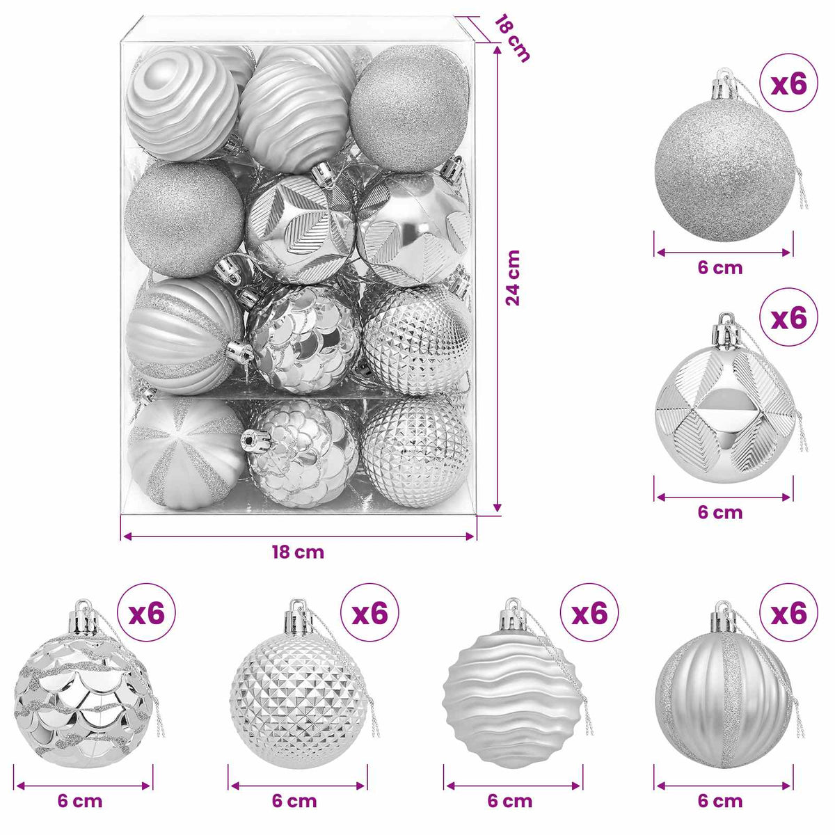Kalėdų kamuoliukų rinkinys 36 vnt. Sidabrinė 6 cm Polystirenas