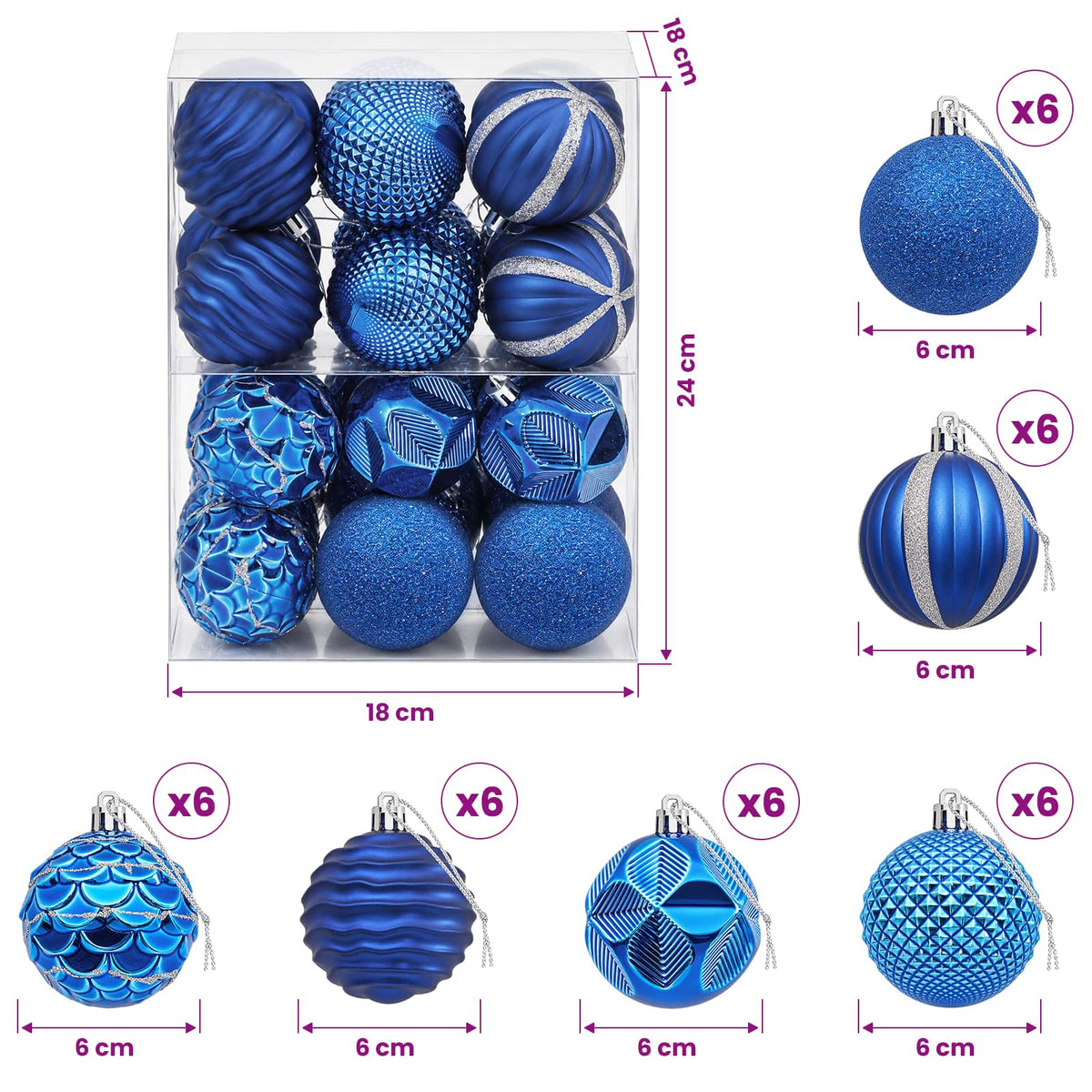 Kalėdų kamuoliukų rinkinys 36 vnt. Mėlyna 6 cm Polystirenas