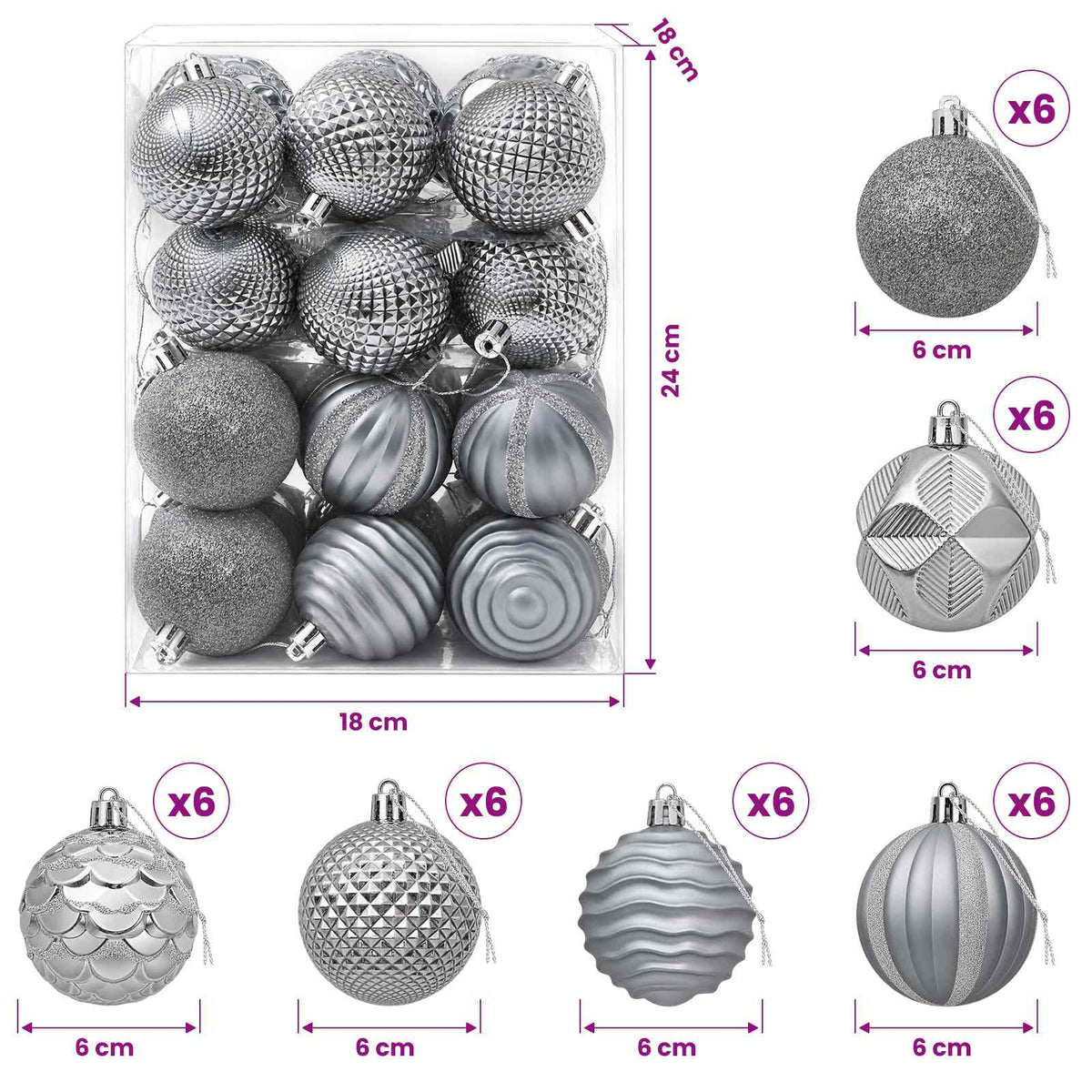 Kalėdų kamuoliukų rinkinys 36 vnt. Pilka 6 cm Polystirenas