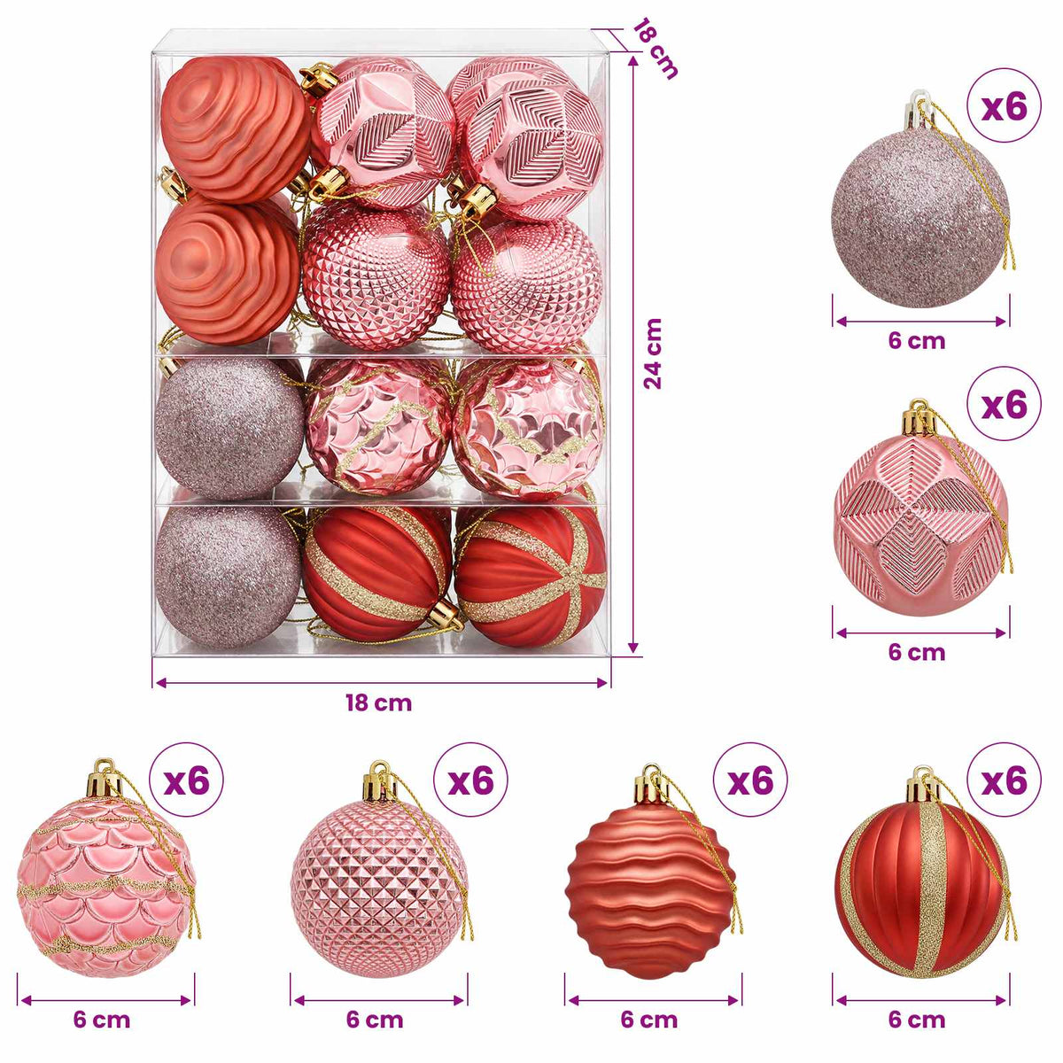 Kalėdų kamuoliukų rinkinys 36 vnt. Rožinė ir rausva 6 cm
