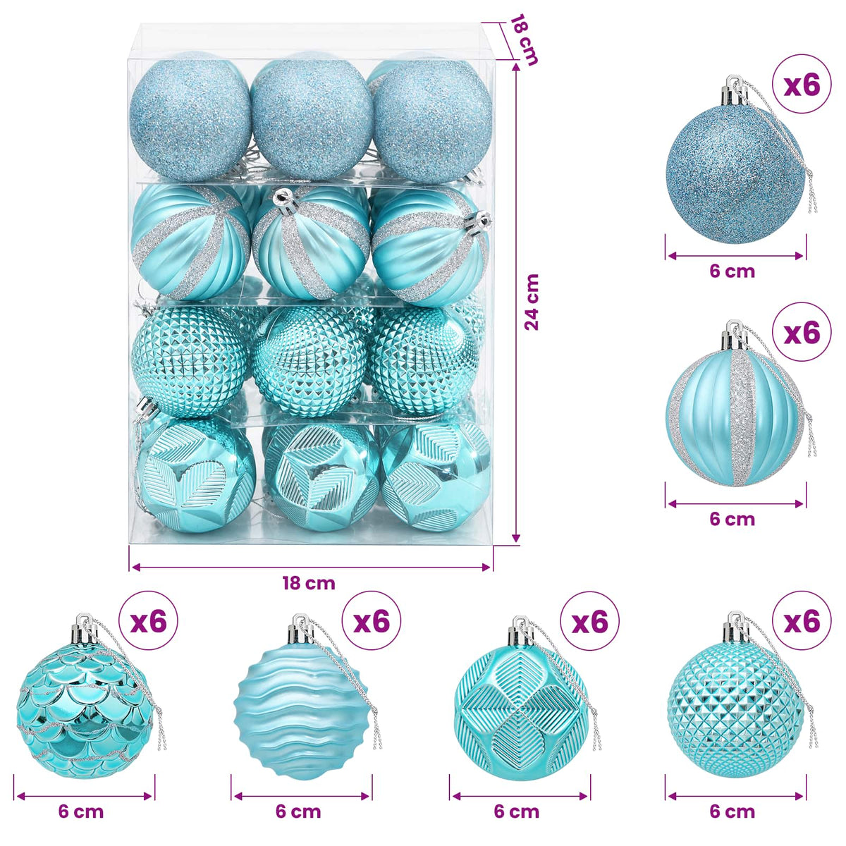 Kalėdų kamuoliukų rinkinys 36 vnt. Turkio 6 cm Polystirenas