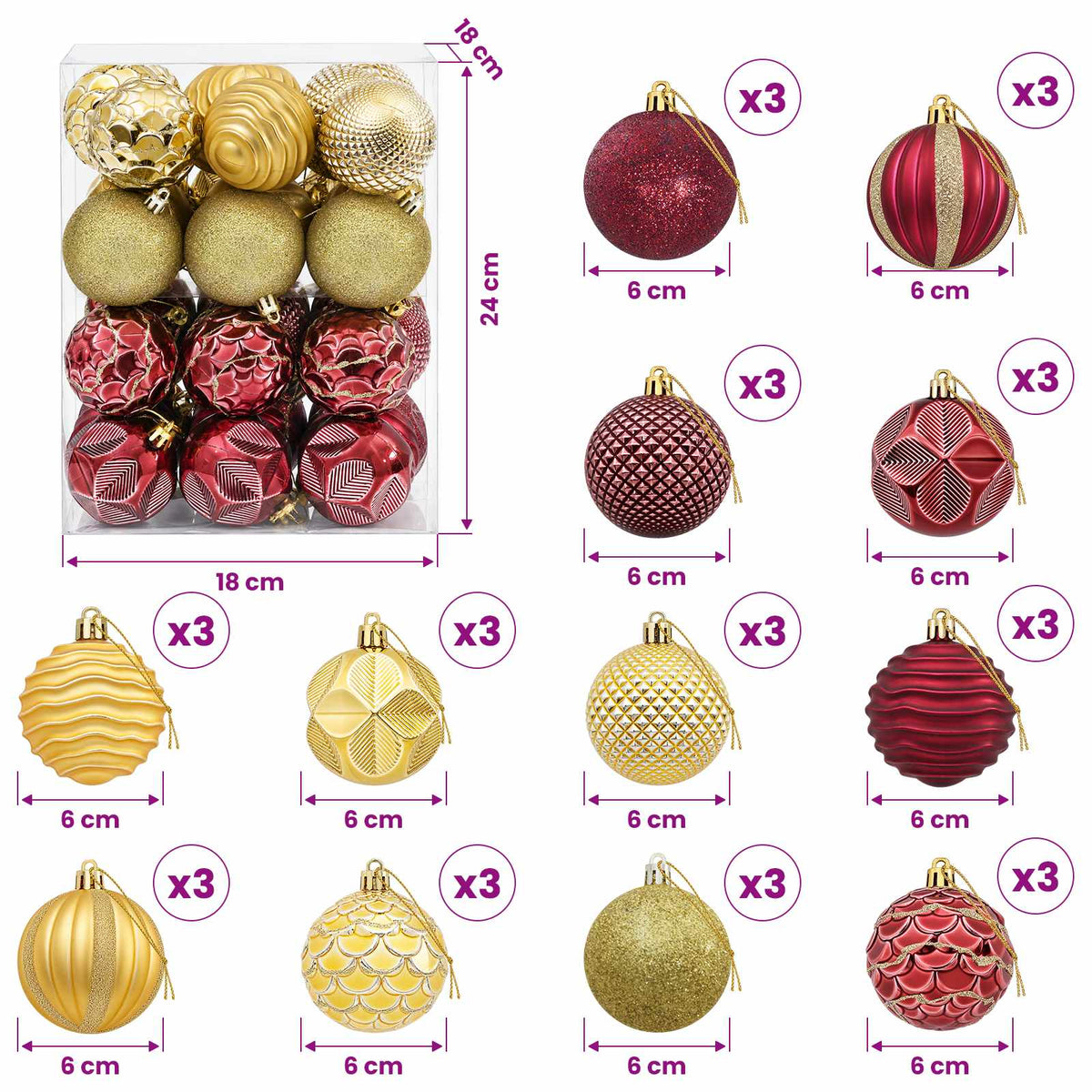 Kalėdų kamuoliukų rinkinys 36 vnt. Auksinė ir vyno raudona 6 cm