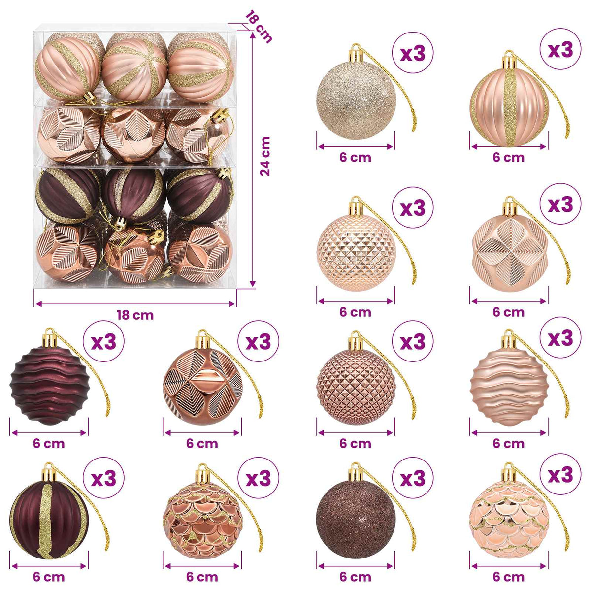Kalėdų kamuoliukų rinkinys 36 vnt. Šampaninė ir ruda 6 cm