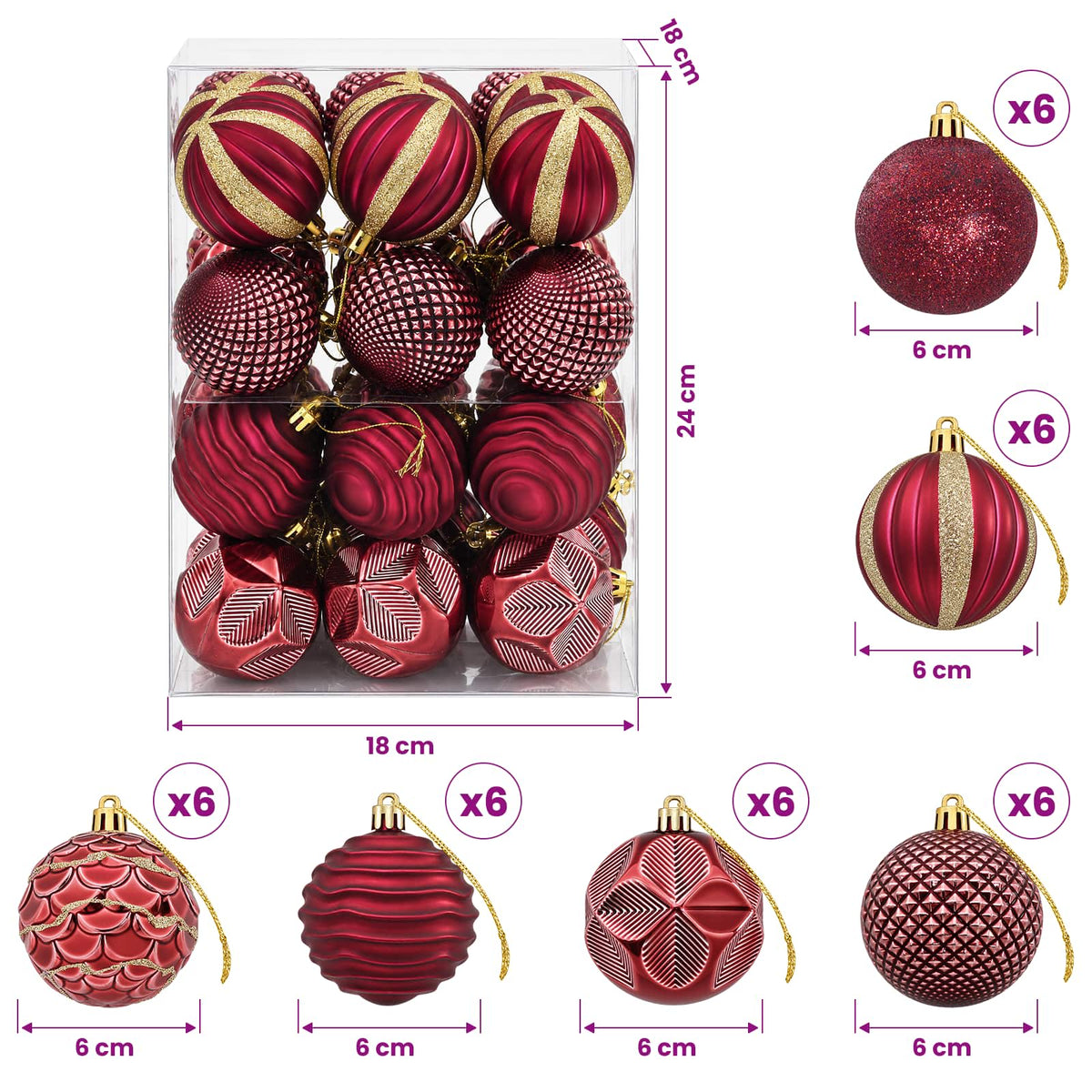 Kalėdų kamuoliukų rinkinys 36 vnt. Vyno raudona 6 cm
