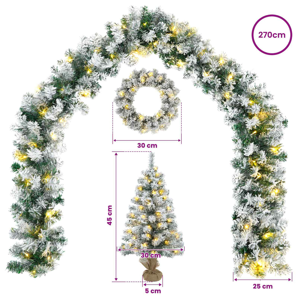 Mini kalėdinių eglučių rinkinys 45 cm 125 LED Šilta balta PVC