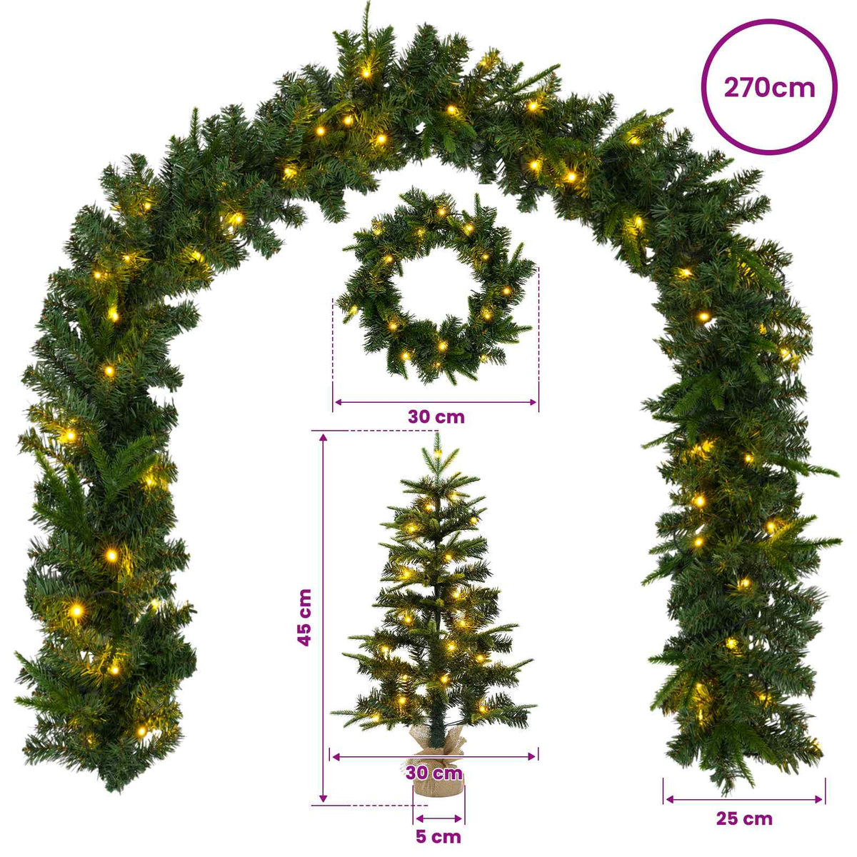Mini kalėdinių eglučių rinkinys 45 cm 125 LED Šilta balta