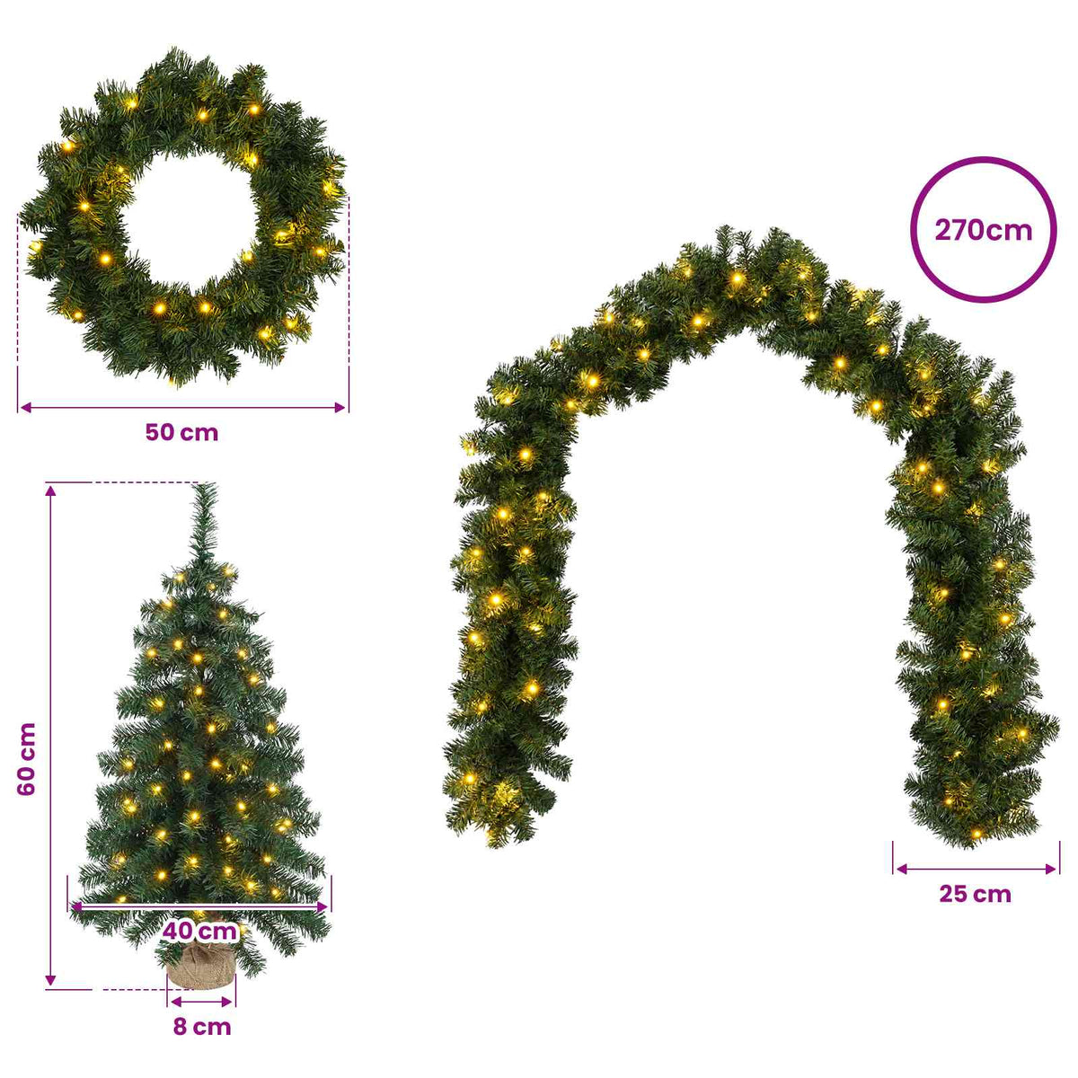 Mini kalėdinių eglučių rinkinys 60 cm 125 LED Šilta balta PVC